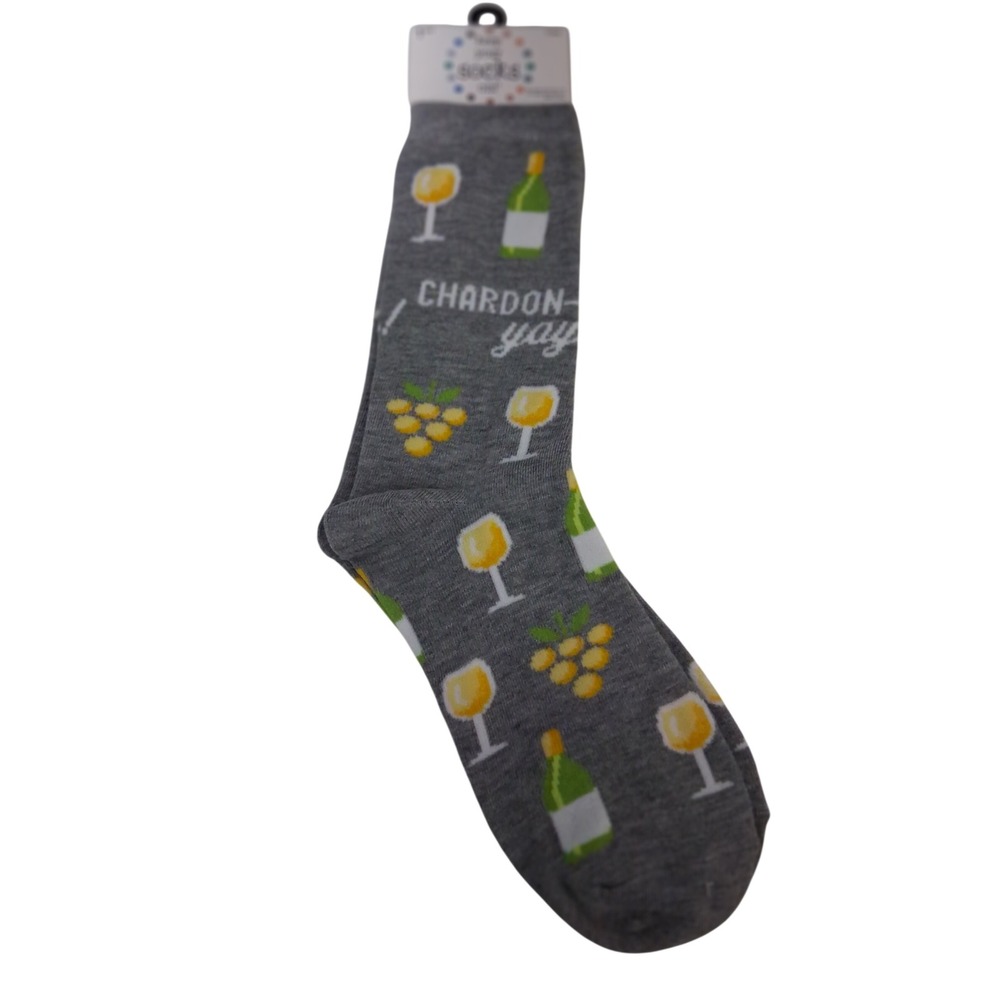 Keep Your Socks On Women Grey Chardon-yay Wine Novelty Crew Socks Size 9-11